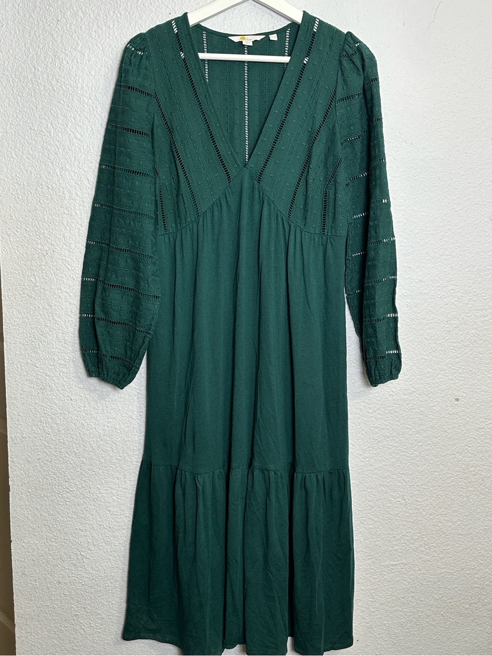Boden Green V Neck Midi Dress Boho Eyelet‎ Puff Sleeve Pockets Womens Size 4